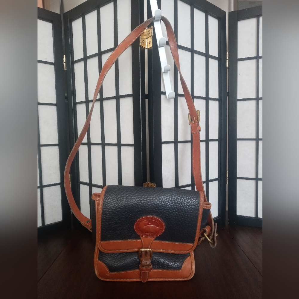 Dooney & Bourke Vintage AWL Black Pebble/Smooth Brown Trim Square Shoulder Bag